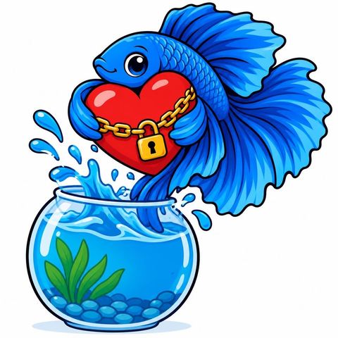 Cartoon style: a betta fish chaining up a heart